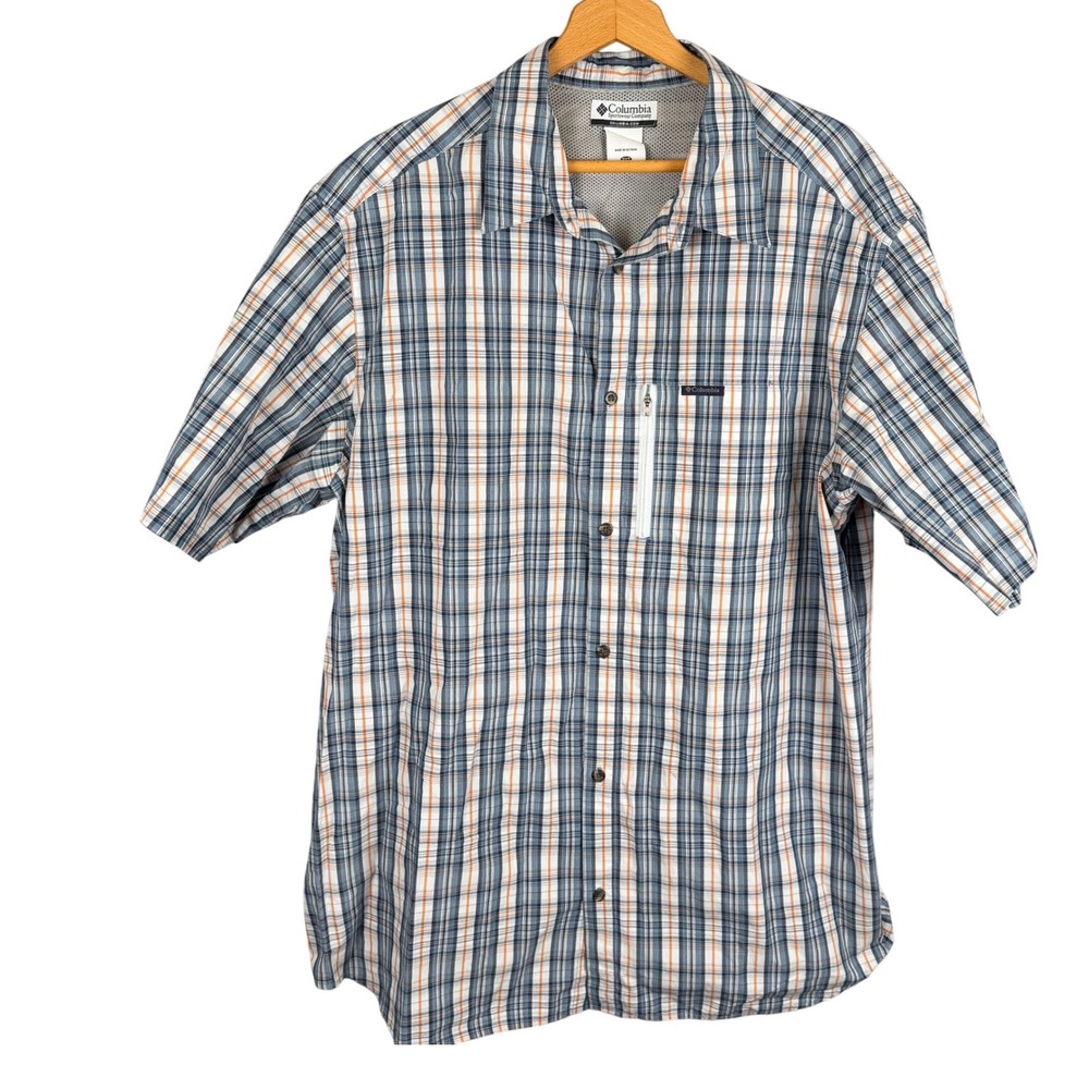 Columbia Mens 2XT Plaid Short Sleeve Vented Button Down Shirt Blue Orange White